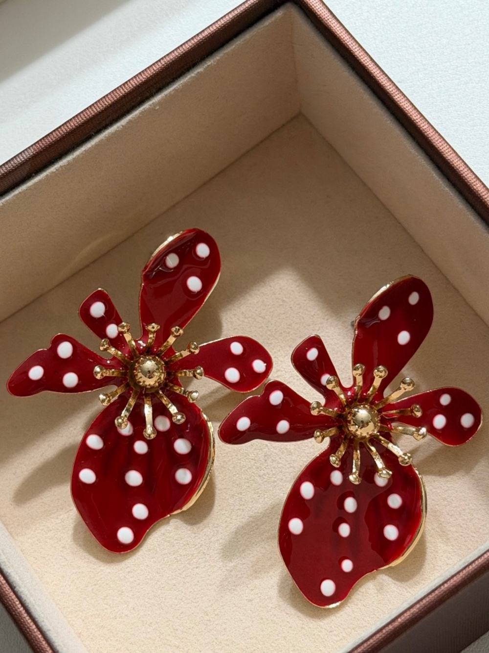 Golden Red & White Polka Dot Enamel Asymmetrical Exaggerated Flower Earrings